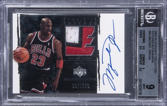2003-04 UD "Exquisite Collection" Patches Autographs #MJ Michael Jordan Signed Game Used Patch Card (#097/100) – BGS MINT 9/BGS 10